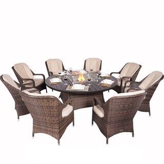 9-Piece Ellington Outdoor Wicker Round Firepit  Dining Set - N/A
