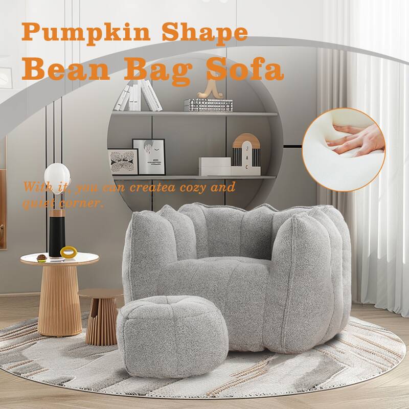 Soft Bean Bag Lazy Sofa with Footstool for Living Room and Bedroom - Grey
