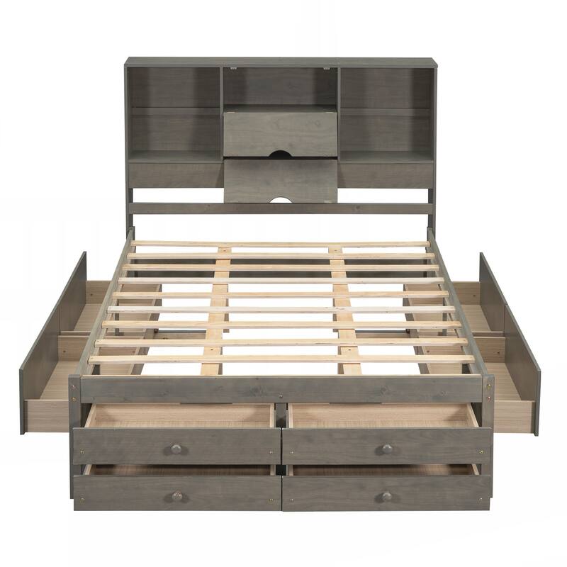 Queen Size Platform Bed with Storage Headboard and 8 Drawers