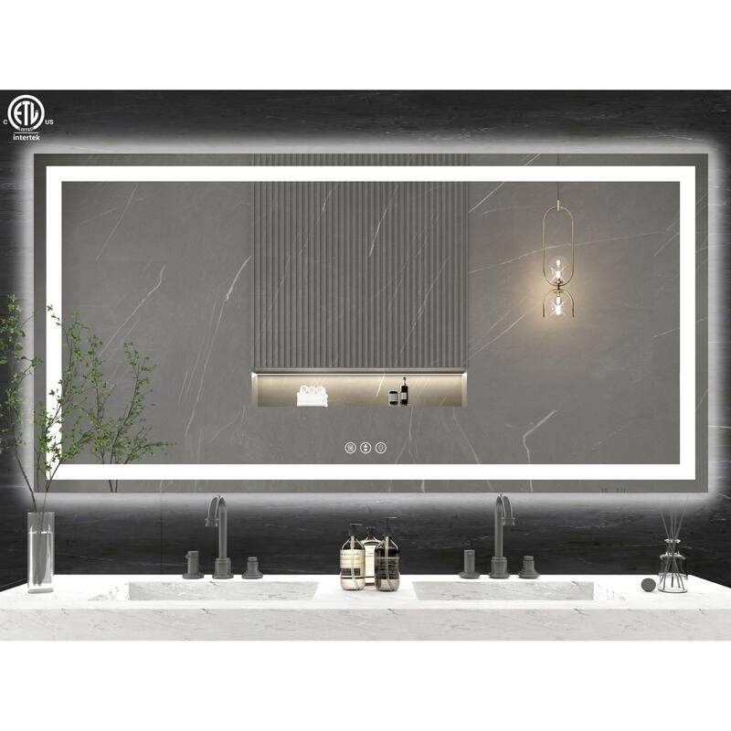 Large Rectangular Frameless Anti-Fog LED Light Wall Mounted Bathroom Vanity Mirror in White - N/A - 72" * 36"