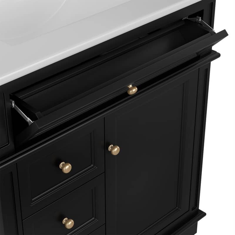 30" Bathroom Vanity with Ceramic Sink, Bathroom Vanity Cabinet with 3 Drawers, 1 Tip-out Drawer, Door Shelf & Soft Closing Door