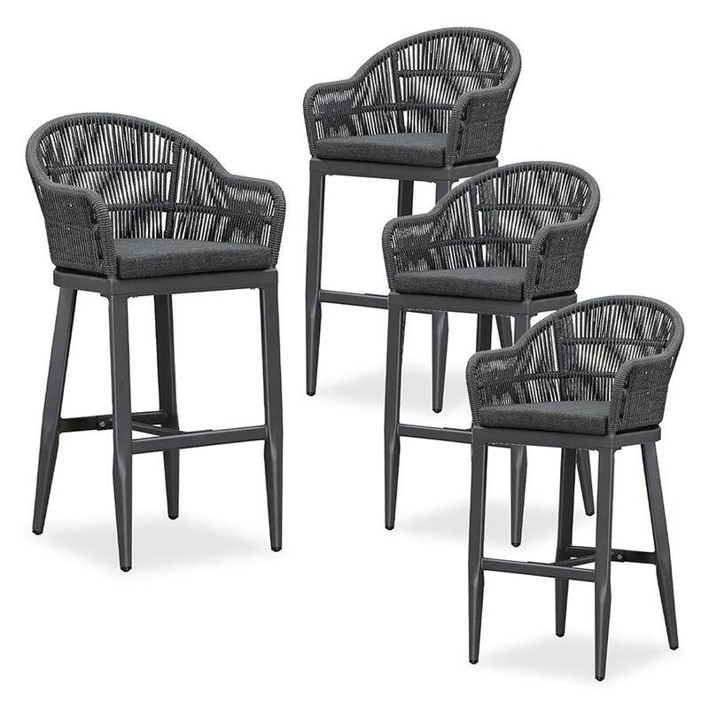 PURPLE LEAF Counter BarStools Set of 4 Aluminum Dining Chairs with Back and Cushions Rattan Bar Stools - Grey - Bar Height