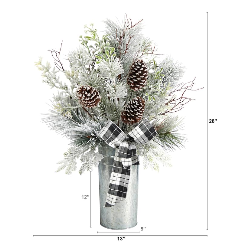 28” Flocked Pinecone with Plaid Bow Artificial Christmas Arrangement in Decorative Vase