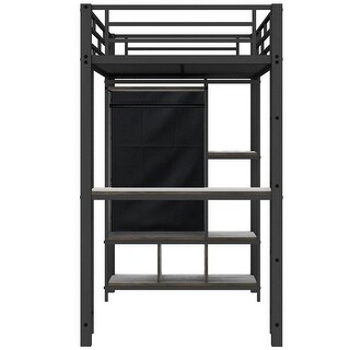 Metal Loft Bed with Full-length Guardrails, Built-in Wardrobe, Desk and Storage Shelves