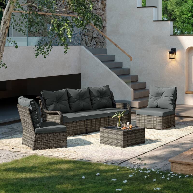 6-pieces Patio Wicker Outdoor Sectional Seating Sofa Set with Coffee Table