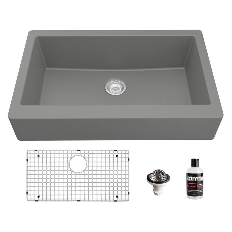 Karran Retrofit Farmhouse Quartz Single Bowl Kitchen Sink Kit - Grey