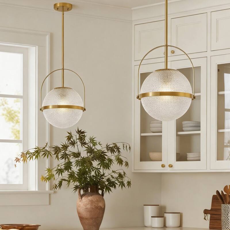 1-Light Modern Industrial Black Metal/Gold Pendant Light with Textured Glass Globe Shade for Kitchen Island Dining Room