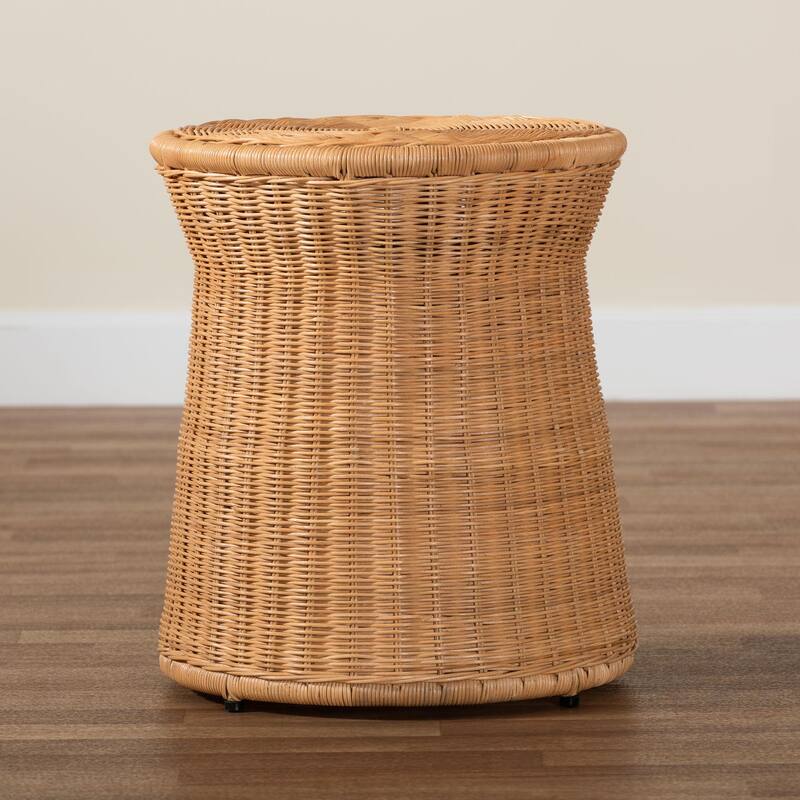 Caroline Round Natural Rattan End Table - Handwoven Wicker Drum Shape Accent Table for Living Room or Sunroom, Light Honey