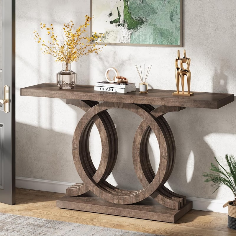 55 inches Console Table with Geometric Base - Dark Brown