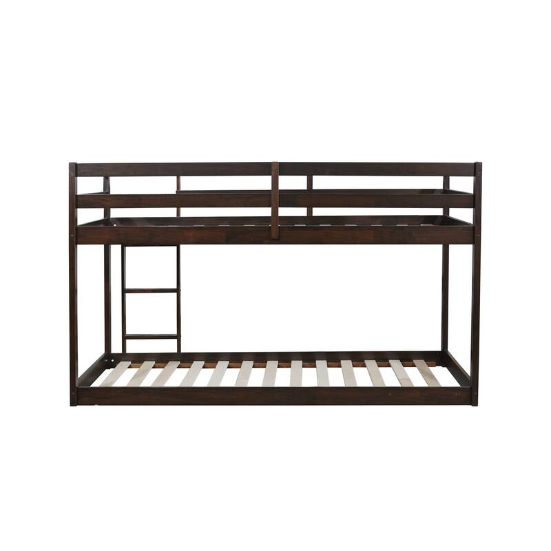 Wooden Twin over Twin Floor Bunk Bed with Ladder ,Upper and Bottom Bed Platforms