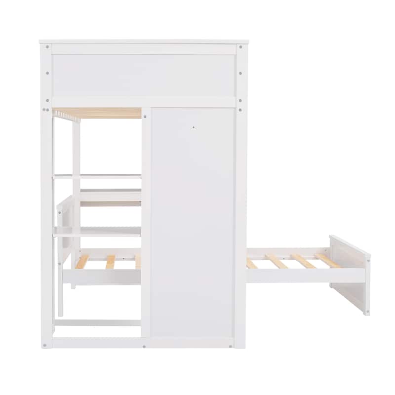 Twin Over Twin Size Bunk Bed Wooden Loft Bed with Wardrobe, Desk, Shelves, Safety Guardrail and Ladder