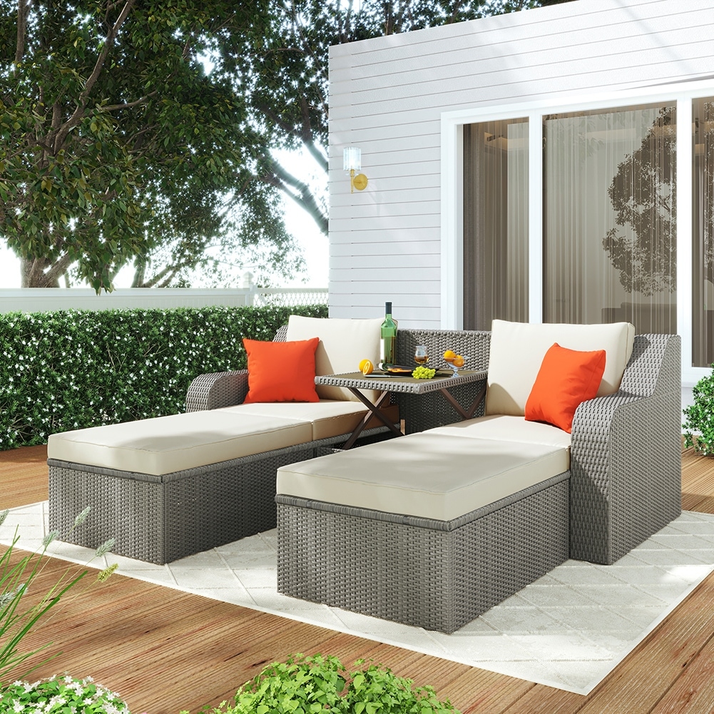 Patio Wicker Set with Cushions Ottomans and Lift Top Coffee Table