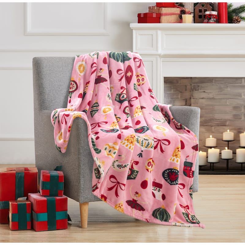 Xmas Ornament Bow 50"x 60" Printed Throw - Pink