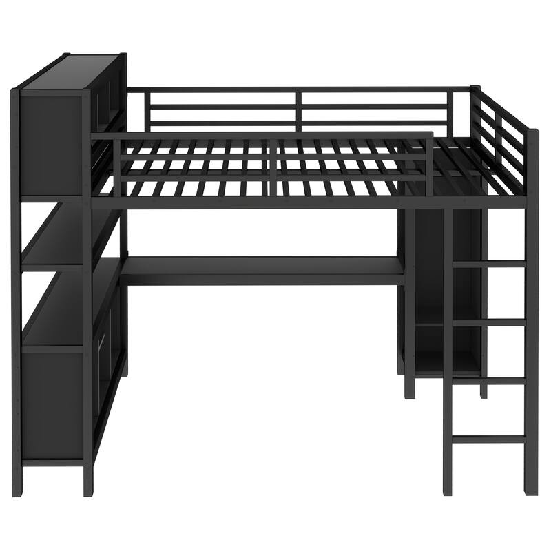 Roomfitters Queen Size Metal Loft Bed with L-Shaped Desk, Wardrobe, Storage Cubes & Shelves, Heavy-Duty Frame
