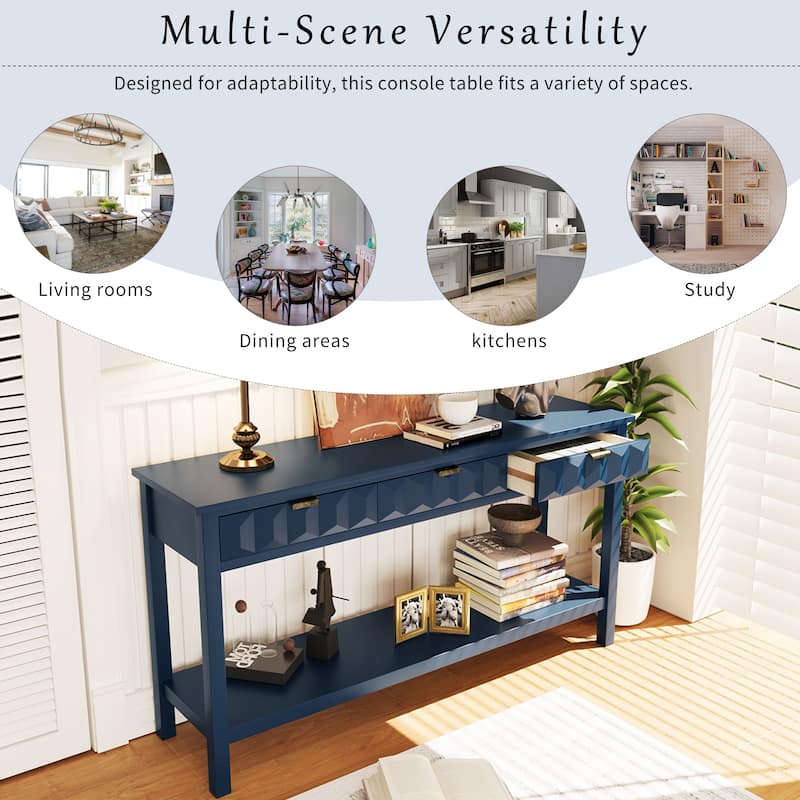 Wooden Console Table Entryway Table with 3 Drawers and Bottom Shelf , 60" Narrow Long Sofa Side Table for Living Room Hallway - Navy Blue