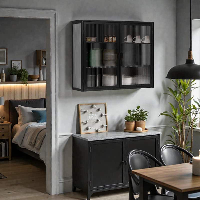 27.56" Modern Wall Cabinet with Glass Doors, 3-Tier Storage, Iron and Tempered Glass Hanging Cabinet for Bathroom and Entryway