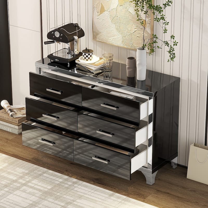 Elegant High Gloss Dresser with Metal Handle,Mirrored Storage Cabinet with 6 Drawers for Bedroom,Living Room