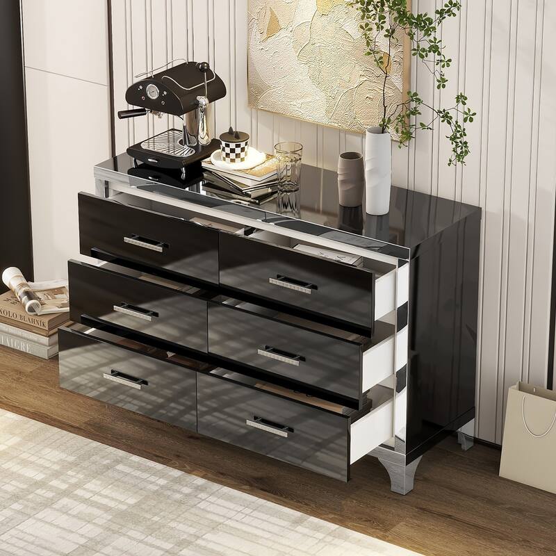 Elegant High Gloss Dresser with Metal Handle,Mirrored Storage Cabinet with 6 Drawers for Bedroom