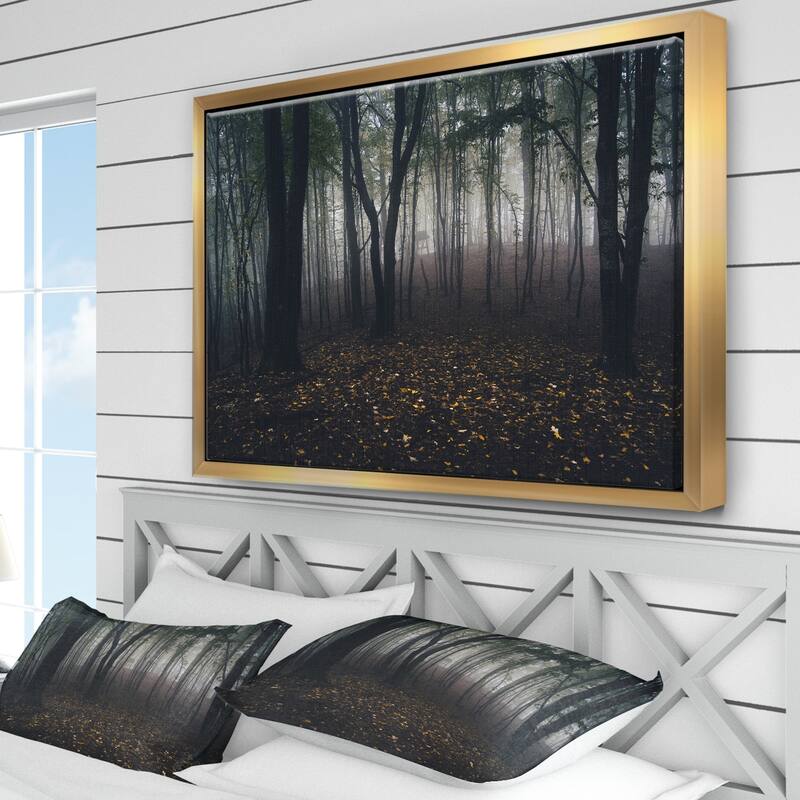 Designart "Dark Spooky Misty Wild Forest" Oversized Forest Framed Canvas Artwork Print
