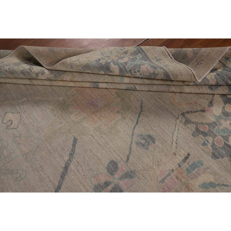 Beige Oushak Turkish Rug Hand-Knotted Oriental Wool Carpet - 8'11"x 11'11"