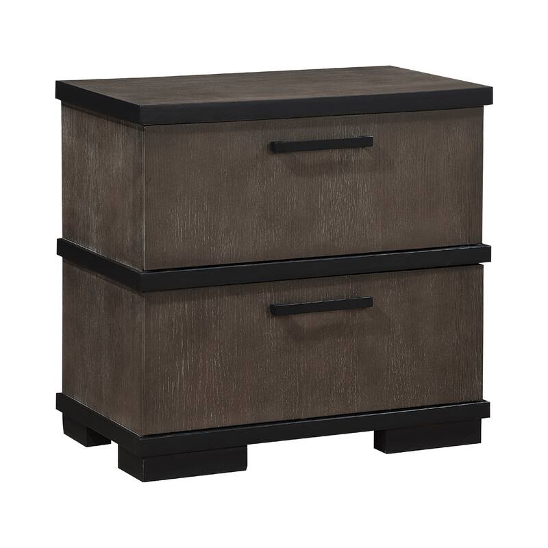 Acy Nightstand, 2 Drawers, Brownish Gray and Black Wood, Bar Handles