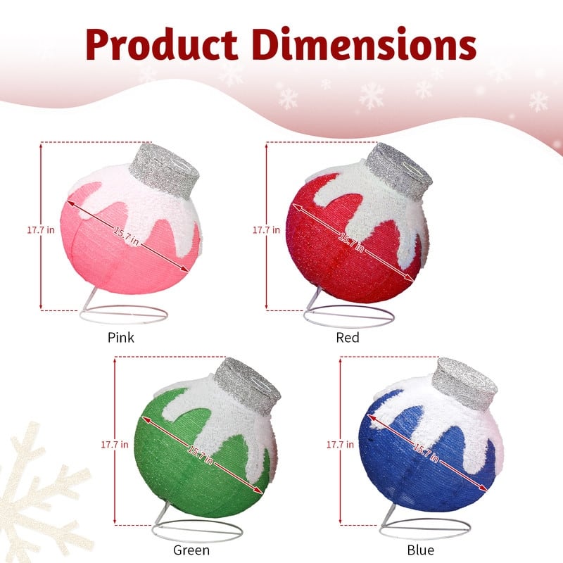 Set of 4 Lighted Ball Ornaments Christmas Decorations - red+green+blue+pink