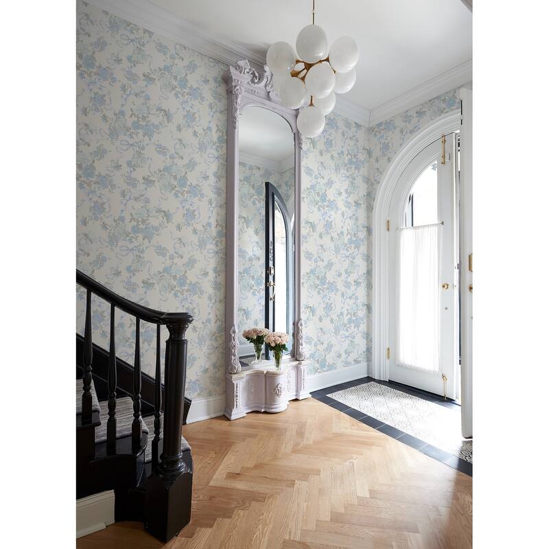 Cabbage Rose Bow Dusty River Blue Ribbons and Roses Wallpaper
