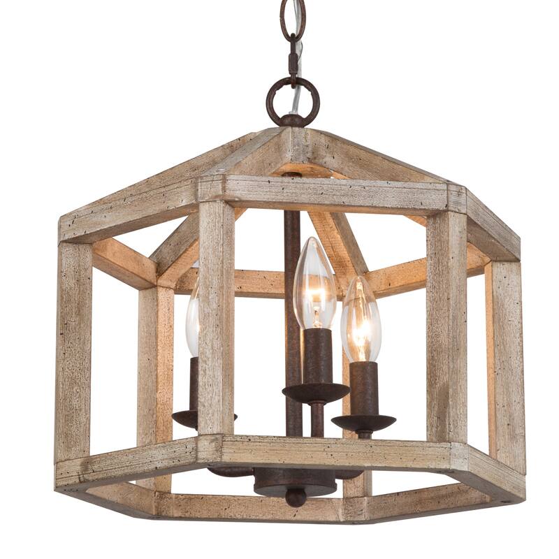 Farmhouse 3-Light Wood Chandelier Lantern Pendant Light for Kitchen Island Foyer