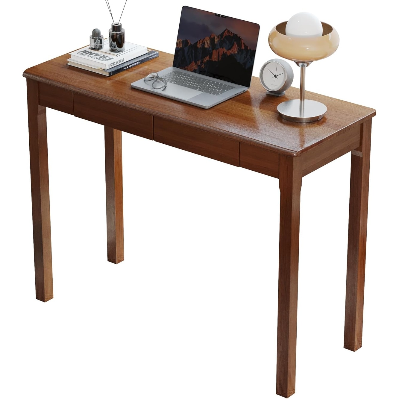 Vintage Narrow Solid Wood Desk with Drawers - 39 x 16 Inch Mid Century Modern Study Table for Small Spaces