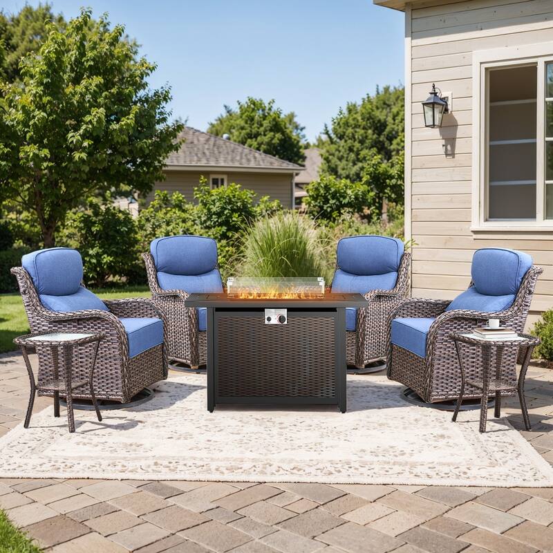 Pocassy Patio Swivel Chairs with 43 inch Fire Pit Table Set - Blue Cushion Brown Wicker - 7-Piece Fire Pit Table w/ Swivel Chair Table Set
