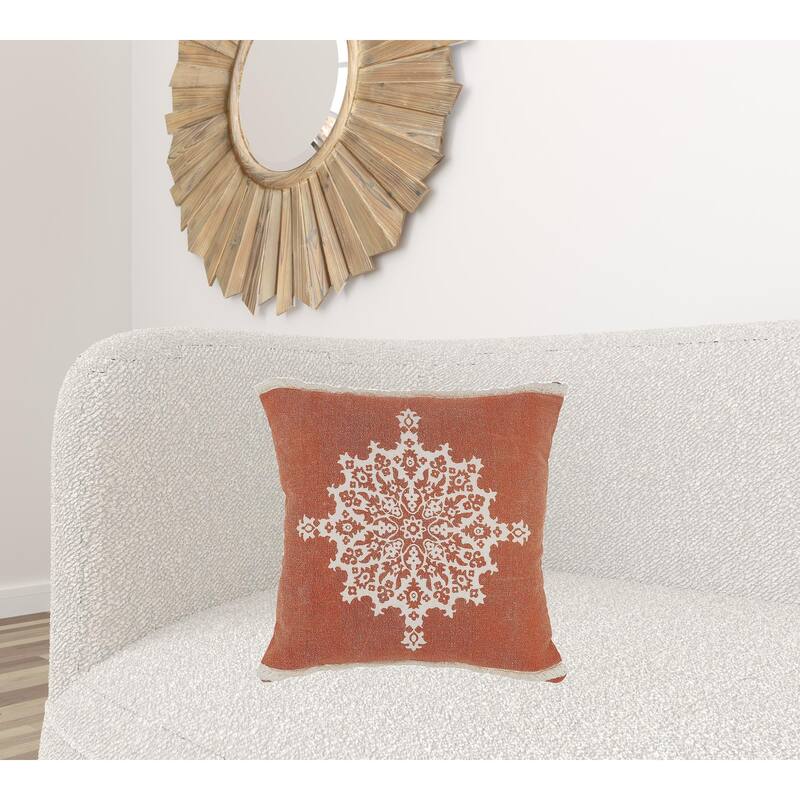HomeRoots 20" X 20" Orange And Off-White 100% Cotton Geometric Zippered Pillow