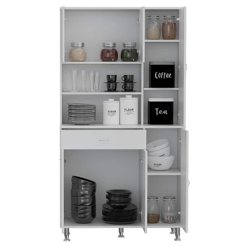 Kitchen Pantry Cabinet, Two Open Shelves, One Drawer, Multiple Cabinets