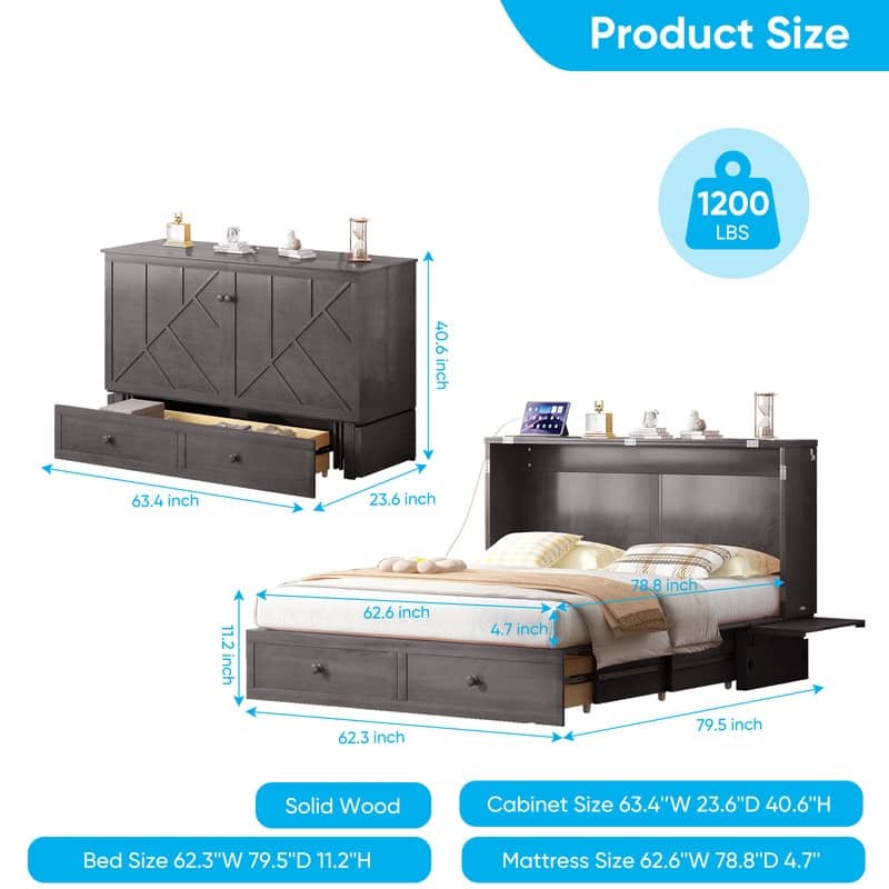 Mixoy Modern Queen Murphy Bed Chest with Mattress and USB ports