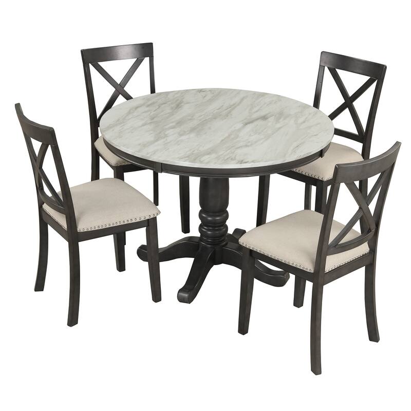 Stylish Round Wooden Dining Table with Four Wooden Chairs, 5-Piece Kitchen Table and Chair Set for Apartment