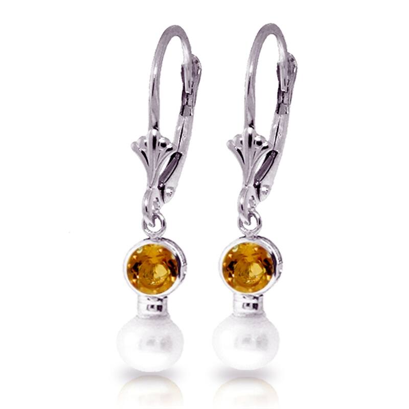5.2 Carat 14K Solid Gold Leverback Earrings Pearl Citrine Gemstone - White