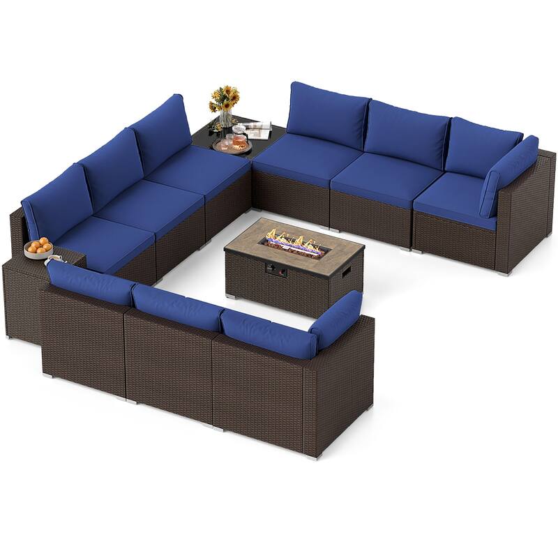 Gymax 12 PCS Outdoor Patio Wicker Sectional Sofa Set w/ 32'' Propane - Blue