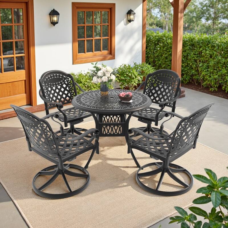5-Piece Aluminum Round Outdoor Patio Dining Set, 4 Cushioned Swivel Chairs, Table, All-Weather Frames