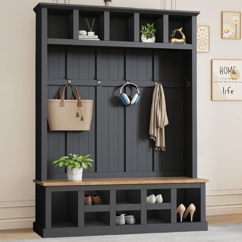 Hall Tree Storage Cabinet with 4 Hidden Hooks, Bench, and Open Compartments - Black Style B