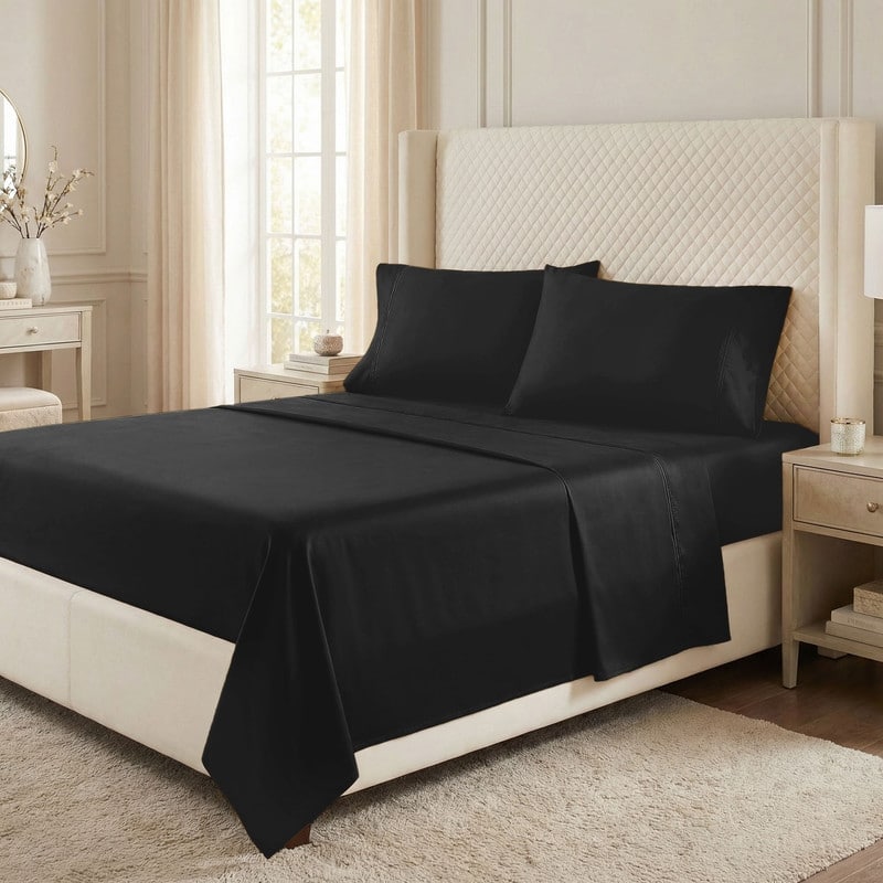 Superior Egyptian Cotton 530 TC Sheet Set Sateen Weave, Deep Pocket, Ultra‑Soft & Breathable Bedding - Queen - Black