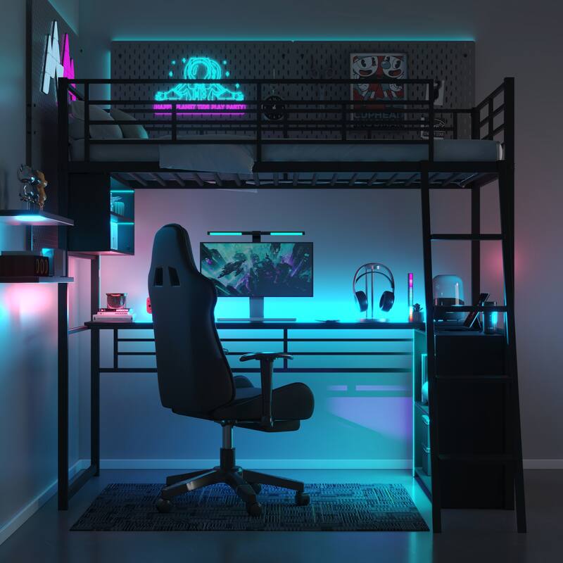Full Size Loft Bed with Desk, LED Shelves, and Storage - Metal Frame with Guardrails and Ladder, Space-Saving Design for Teens