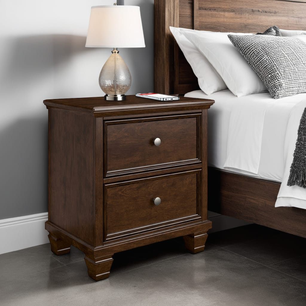 Reno Nightstand, 2 Drawers, Nickel Round Knobs, Rich Brown Solid Wood