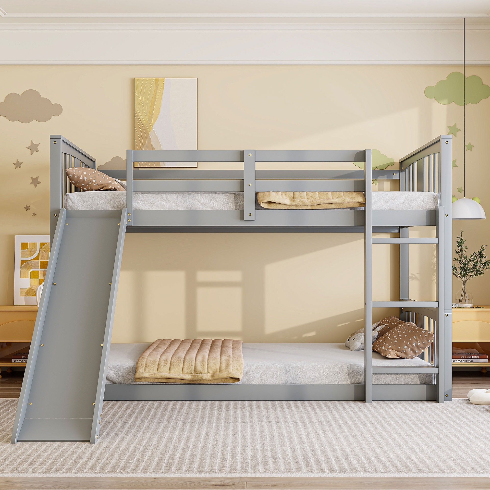 Roomfitters Twin Over Twin Bunk Bed with Slide and Built-in Ladder, Gray