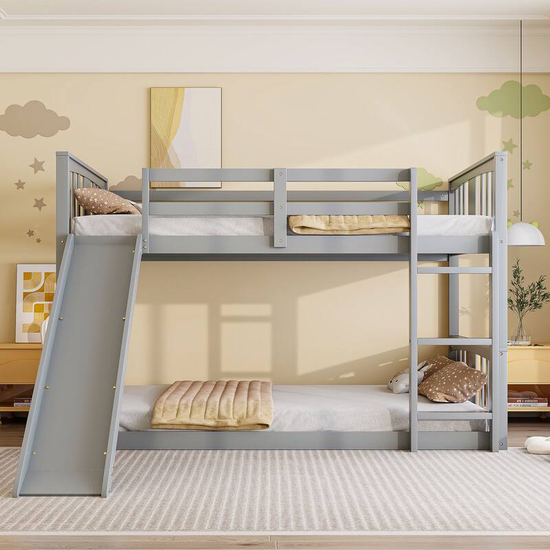 Twin Over Twin Bunk Bed with Slide and Ladder Guardrail Safety Design - Gray