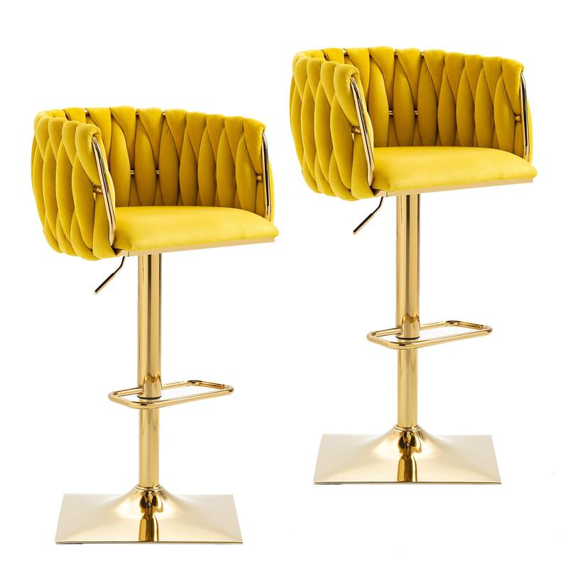 Velvet Upholstered Swivel Adjustable Height Bar Stools With Metal Footrest（set of 2）