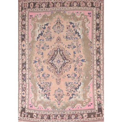 Hamedan Persian Vintage Area Rug Hand-Knotted Floral Wool Carpet - 6'11"x 9'10"
