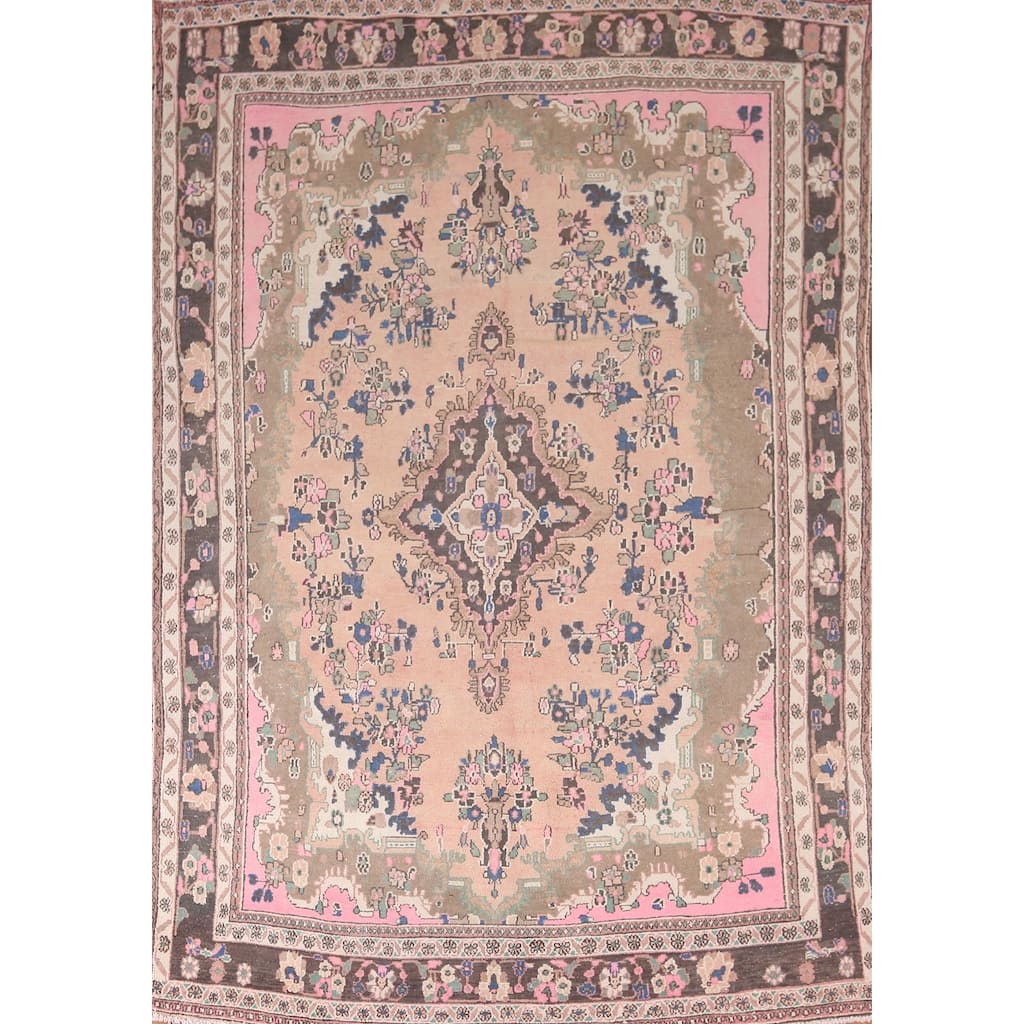 Hamedan Persian Vintage Area Rug Hand-Knotted Floral Wool Carpet - 6'11"x 9'10"