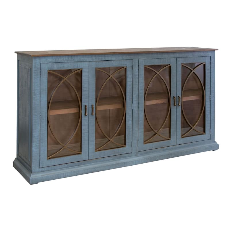Miln 77 Inch Sideboard Console, Blue Pine Wood, 4 Doors, Gold Accents