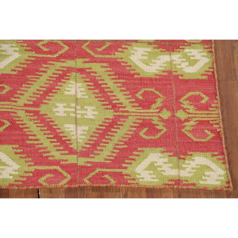 All-Over Pink Geometric Kilim Oriental Area Rug Handmade Wool Carpet - 4'9"x 7'1"