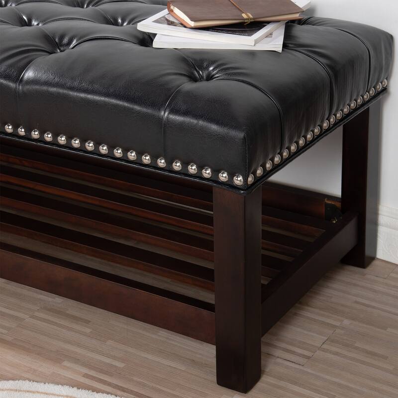 Wooden Base Upholstered Bench for Bedroom for Entryway,60" with Nailhead Trim and Shelf
