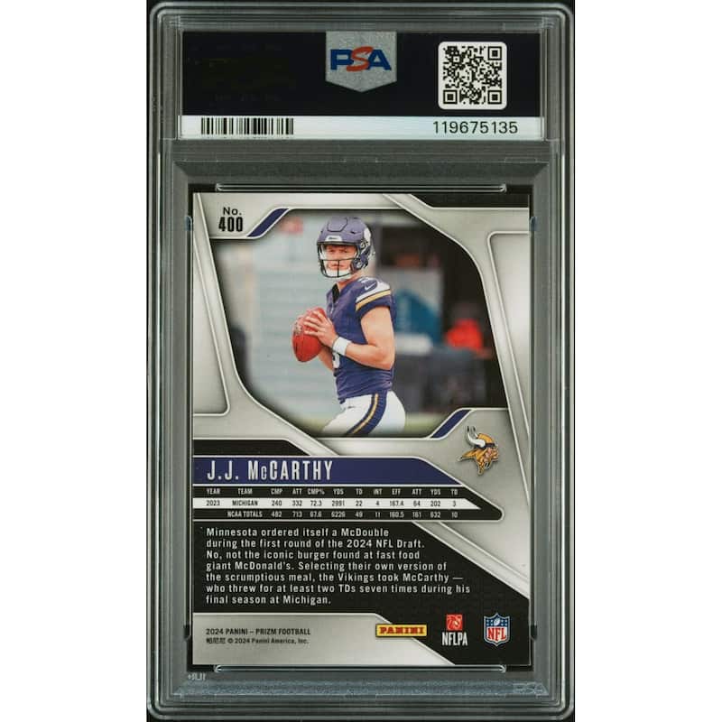 J.J. McCarthy 2024 Panini Prizm Signed Football Rookie Card #400 Auto PSA Authentic Cert # 119675135 JJ - 8' x 11'